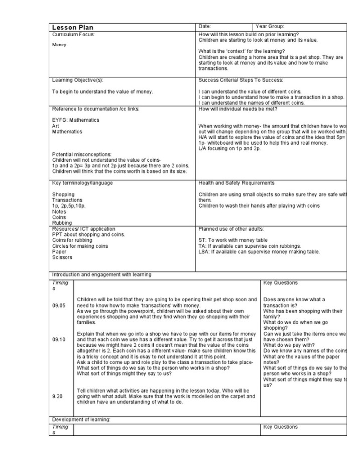 Lesson Plan For Money  PDF  Coins  Money